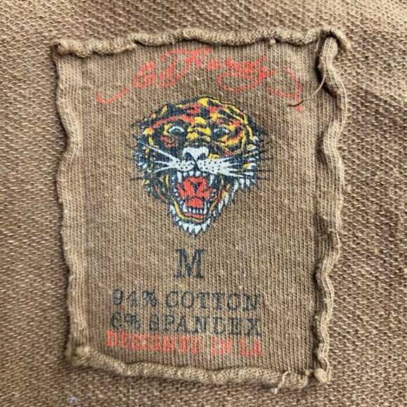 Vintage Y2K Ed Hardy Brown Cream Tiger Paisley Bandana Print Stripe Zip Hoodie M - Picture 3 of 15
